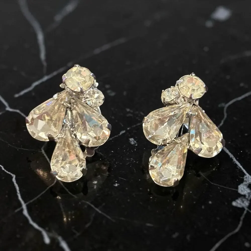 Weiss Crystal Rhinestone Earrings Ice Queen Glam Teardrop Bridal Clip On